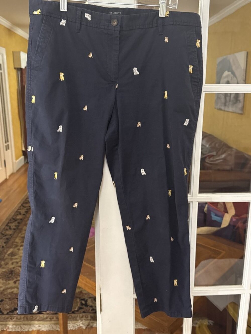 Talbots Relaxed Chino Navy Blue Summer Dogs Critter Trousers Preppy Size 14